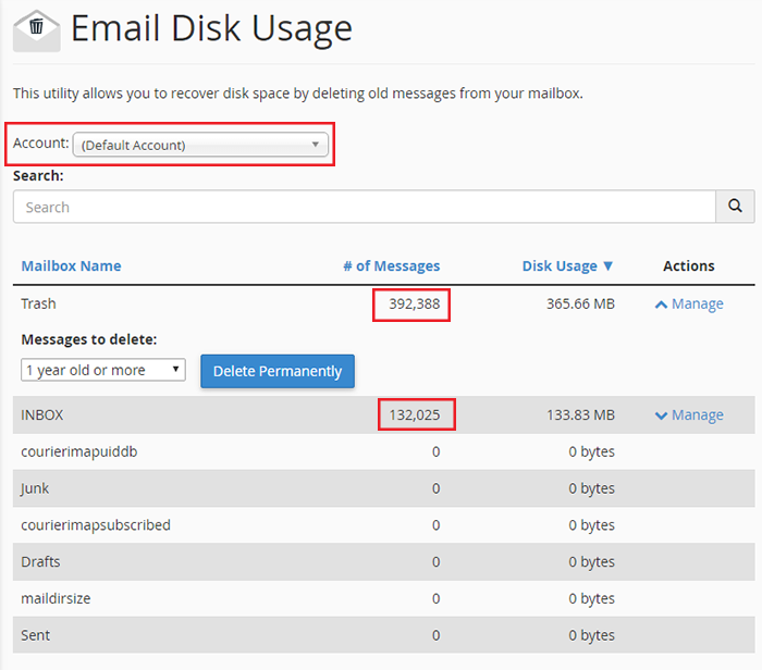 cPanel Email Disk Usage
